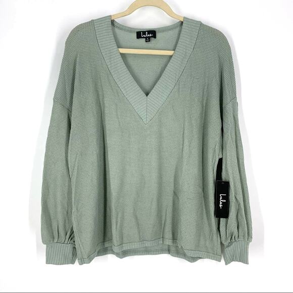 Lulus Waffle Knit Top V-Neck Sage Green Small NEW - Picture 1 of 6